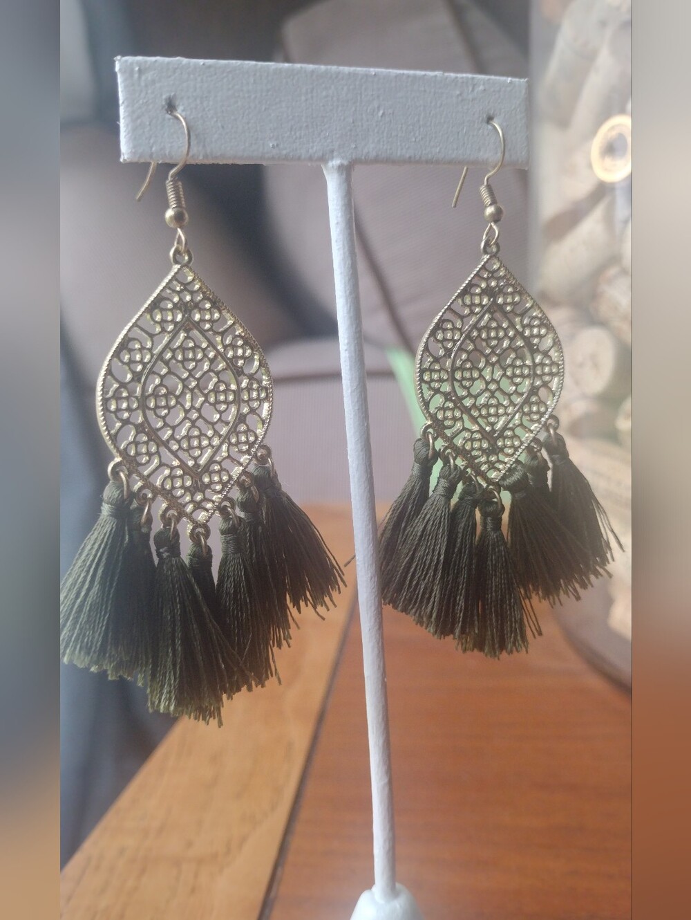 Filigree Teardrop Tassel Earrings - Olive Green